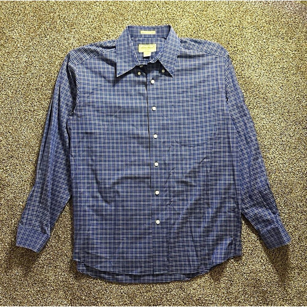 Eddie Bauer Wrinkle Resistant Blue Check Classic Fit Cotton Dress Shirt L 32/33